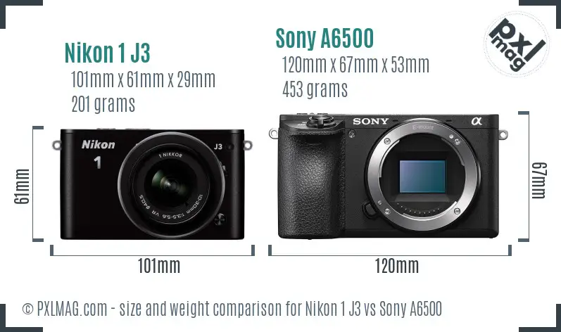 Nikon 1 J3 vs Sony A6500 size comparison