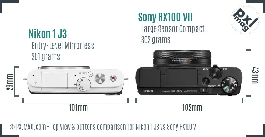 Nikon 1 J3 vs Sony RX100 VII top view buttons comparison