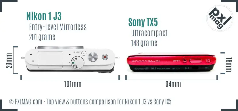 Nikon 1 J3 vs Sony TX5 top view buttons comparison