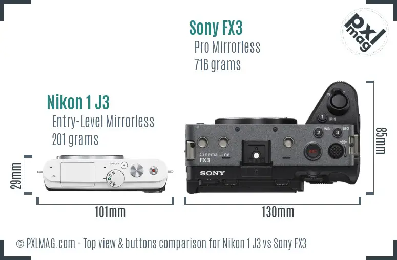 Nikon 1 J3 vs Sony FX3 top view buttons comparison Nikon 1 J3 vs Sony FX3 top view buttons comparison