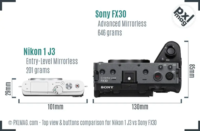 Nikon 1 J3 vs Sony FX30 top view buttons comparison Nikon 1 J3 vs Sony FX30 top view buttons comparison