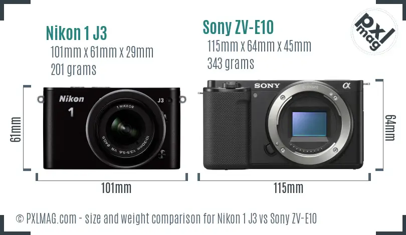 Nikon 1 J3 vs Sony ZV-E10 size comparison