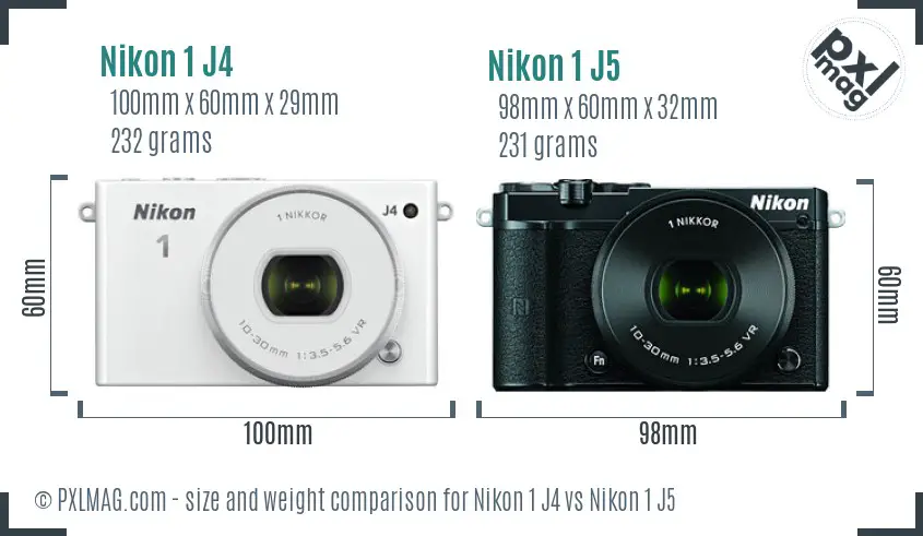 Nikon 1 J4 vs Nikon 1 J5 size comparison