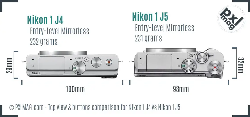 Nikon 1 J4 vs Nikon 1 J5 top view buttons comparison