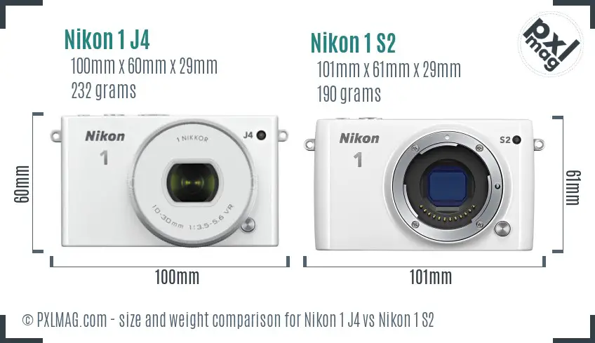Nikon 1 J4 vs Nikon 1 S2 size comparison