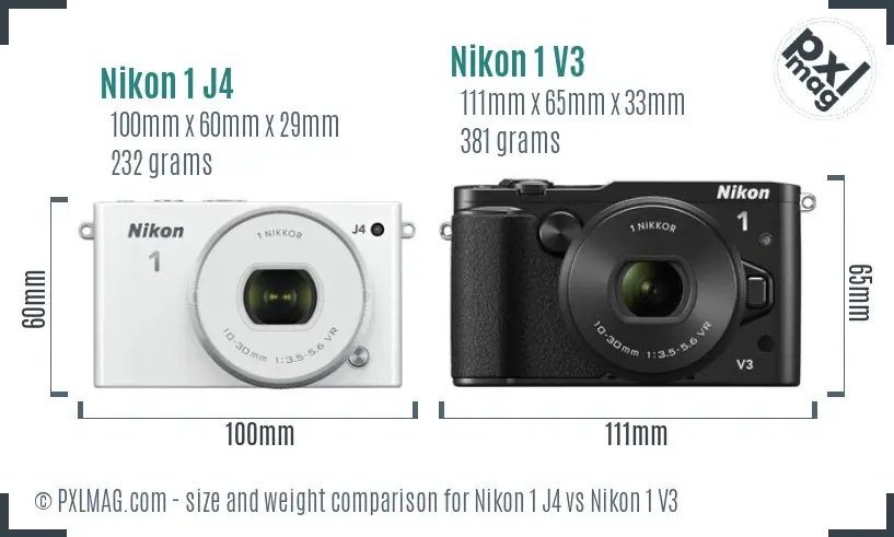 Nikon 1 J4 vs Nikon 1 V3 size comparison