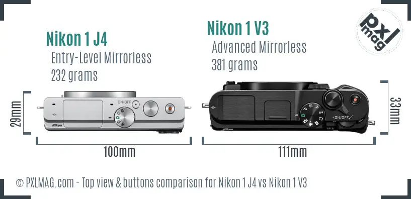 Nikon 1 J4 vs Nikon 1 V3 top view buttons comparison