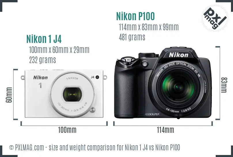 Nikon 1 J4 vs Nikon P100 size comparison