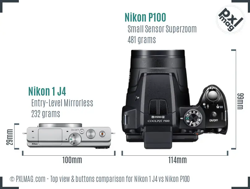 Nikon 1 J4 vs Nikon P100 top view buttons comparison