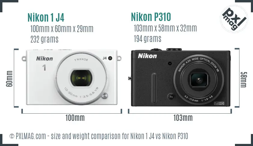 Nikon 1 J4 vs Nikon P310 size comparison