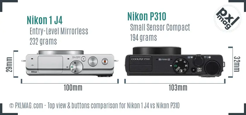 Nikon 1 J4 vs Nikon P310 top view buttons comparison