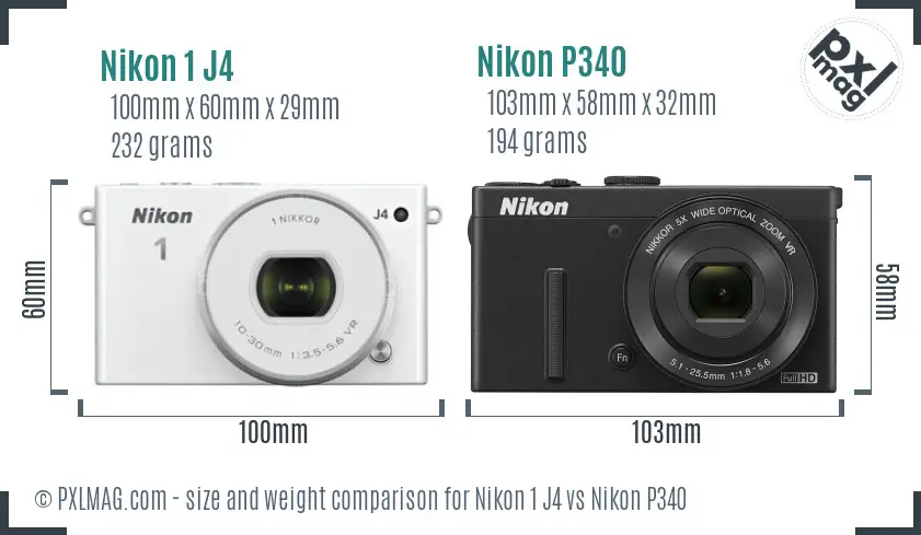 Nikon 1 J4 vs Nikon P340 size comparison