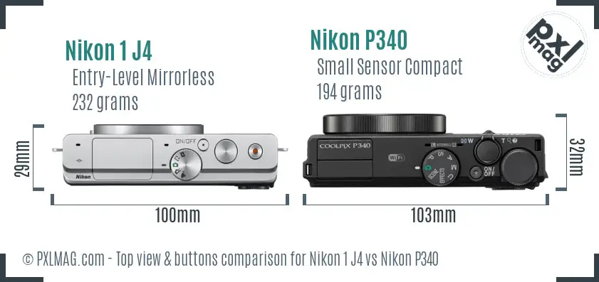 Nikon 1 J4 vs Nikon P340 top view buttons comparison