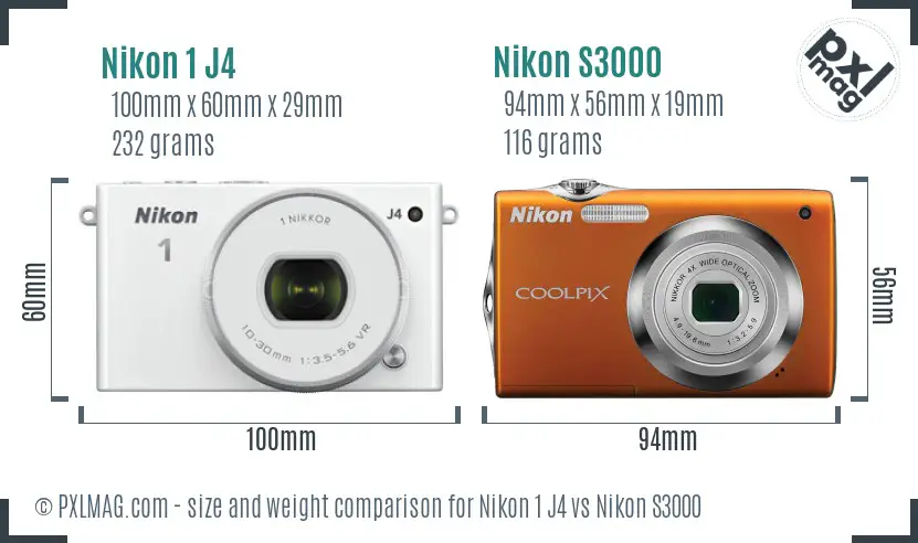 Nikon 1 J4 vs Nikon S3000 size comparison