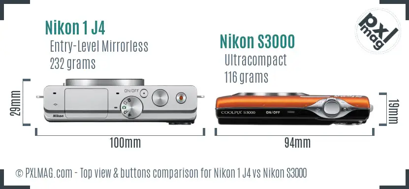 Nikon 1 J4 vs Nikon S3000 top view buttons comparison