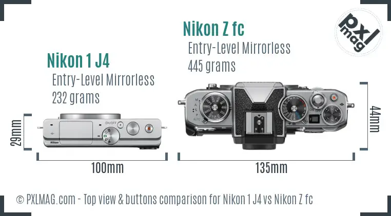 Nikon 1 J4 vs Nikon Z fc top view buttons comparison Nikon 1 J4 vs Nikon Z fc top view buttons comparison