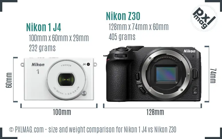 Nikon 1 J4 vs Nikon Z30 size comparison