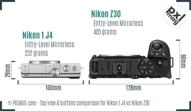 Nikon 1 J4 vs Nikon Z30 top view buttons comparison