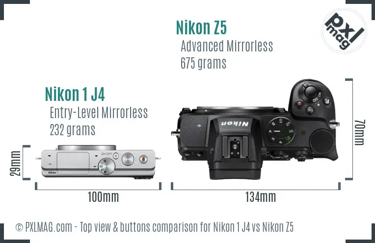 Nikon 1 J4 vs Nikon Z5 top view buttons comparison