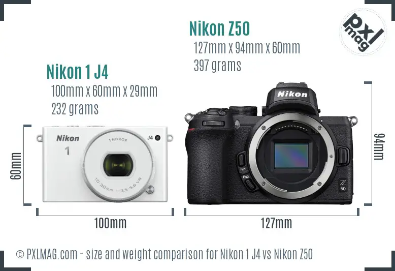 Nikon 1 J4 vs Nikon Z50 size comparison
