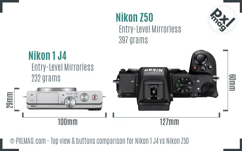 Nikon 1 J4 vs Nikon Z50 top view buttons comparison