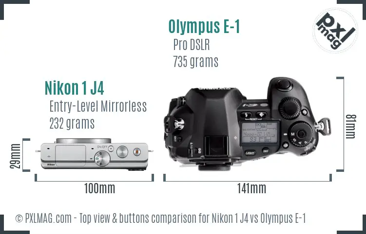 Nikon 1 J4 vs Olympus E-1 top view buttons comparison