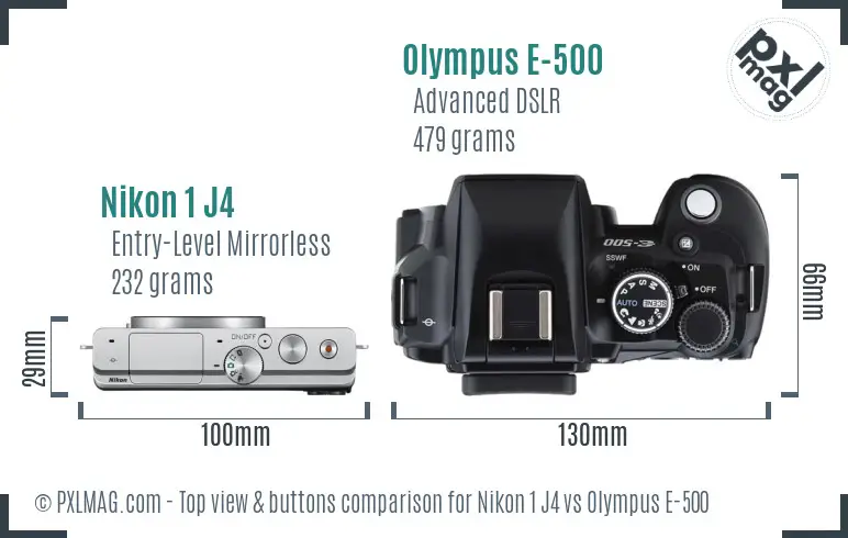 Nikon 1 J4 vs Olympus E-500 top view buttons comparison