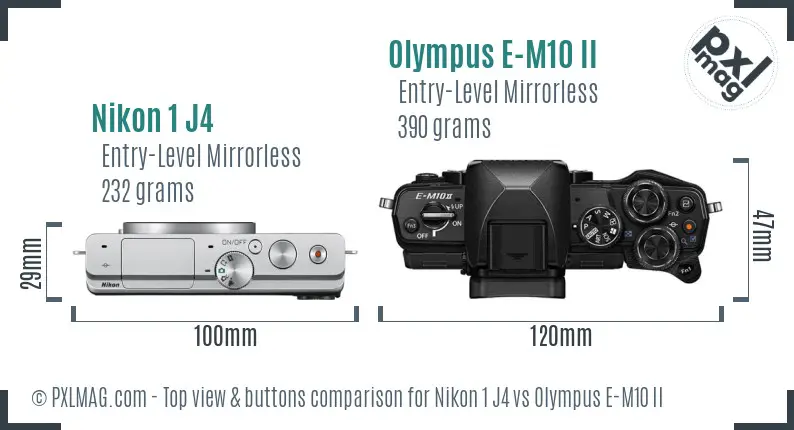 Nikon 1 J4 vs Olympus E-M10 II top view buttons comparison Nikon 1 J4 vs Olympus E-M10 II top view buttons comparison