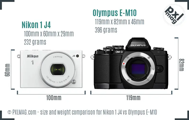 Nikon 1 J4 vs Olympus E-M10 size comparison
