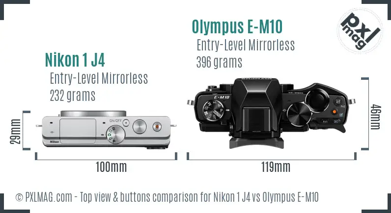 Nikon 1 J4 vs Olympus E-M10 top view buttons comparison