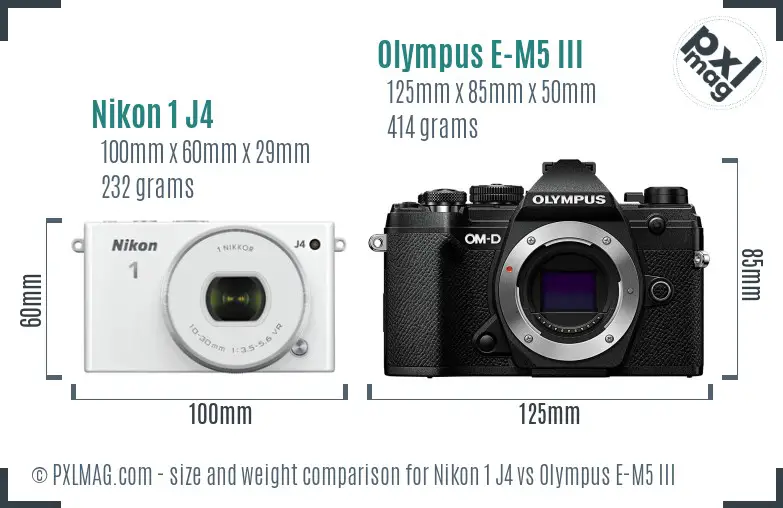 Nikon 1 J4 vs Olympus E-M5 III size comparison Nikon 1 J4 vs Olympus E-M5 III size comparison