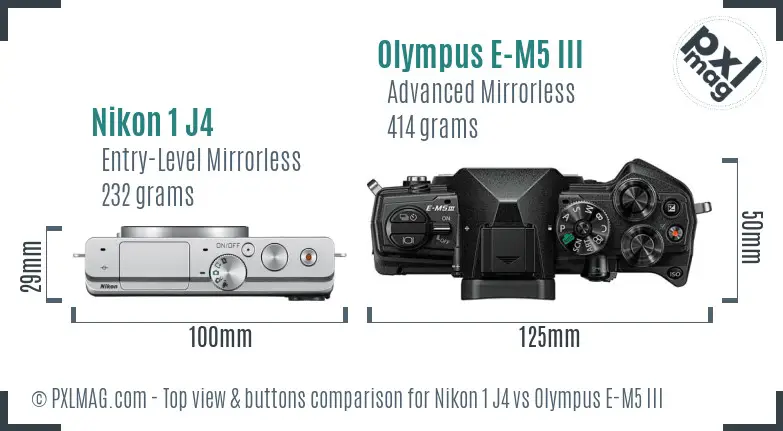Nikon 1 J4 vs Olympus E-M5 III top view buttons comparison Nikon 1 J4 vs Olympus E-M5 III top view buttons comparison