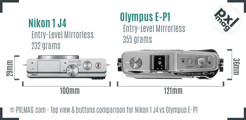 Nikon 1 J4 vs Olympus E-P1 top view buttons comparison