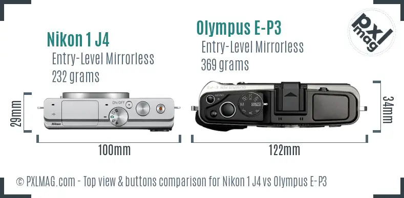Nikon 1 J4 vs Olympus E-P3 top view buttons comparison