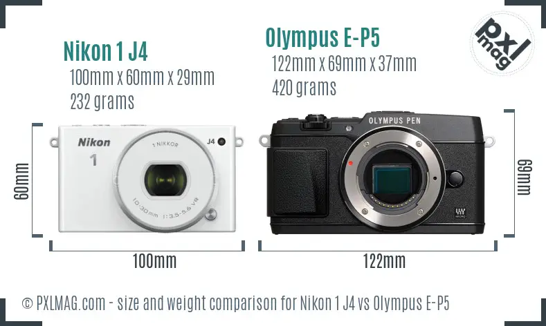 Nikon 1 J4 vs Olympus E-P5 size comparison