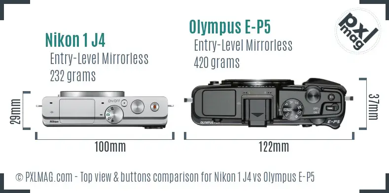 Nikon 1 J4 vs Olympus E-P5 top view buttons comparison
