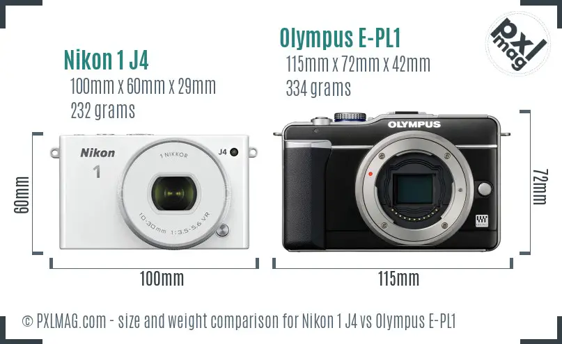 Nikon 1 J4 vs Olympus E-PL1 size comparison