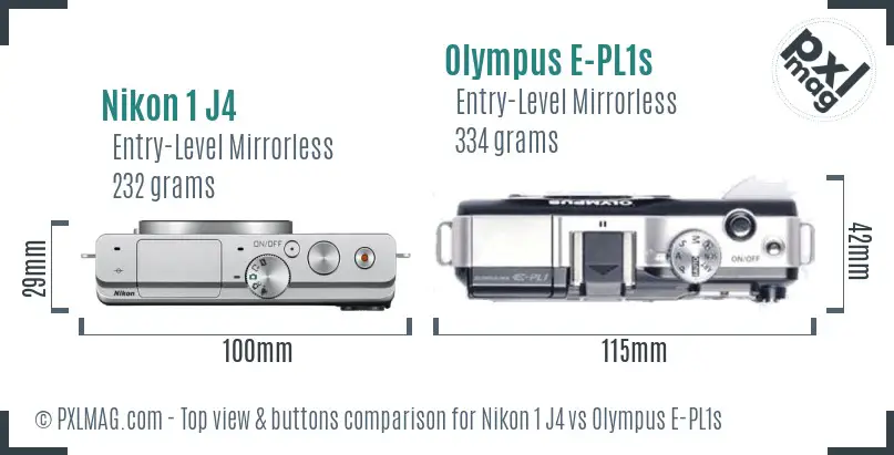 Nikon 1 J4 vs Olympus E-PL1s top view buttons comparison