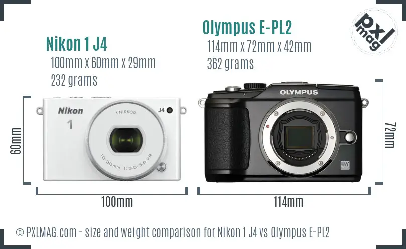 Nikon 1 J4 vs Olympus E-PL2 size comparison