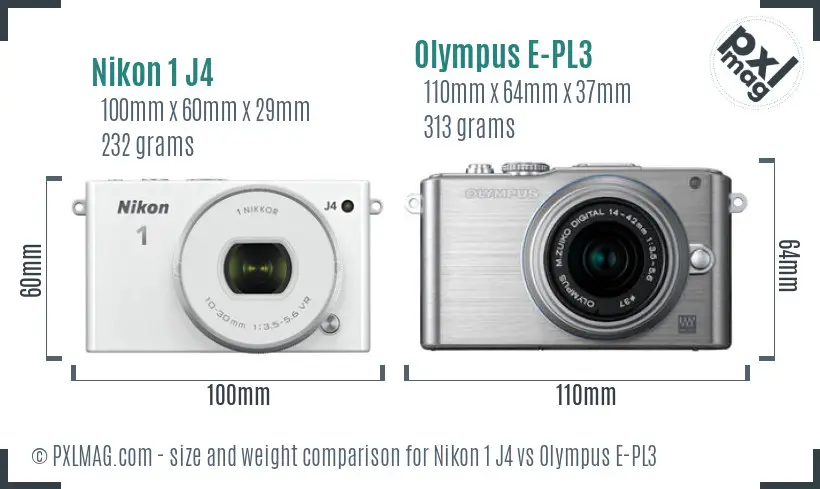 Nikon 1 J4 vs Olympus E-PL3 size comparison