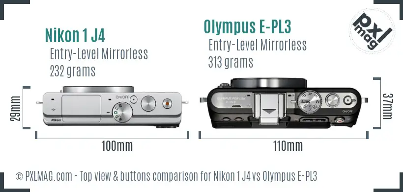 Nikon 1 J4 vs Olympus E-PL3 top view buttons comparison