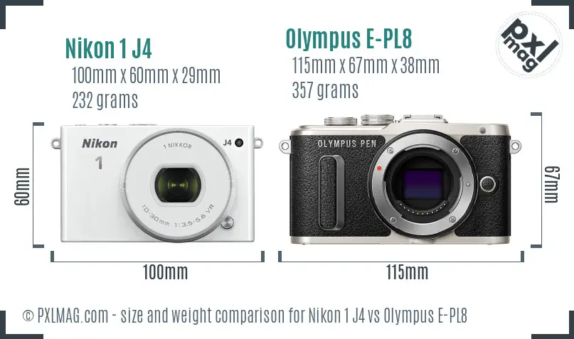 Nikon 1 J4 vs Olympus E-PL8 size comparison