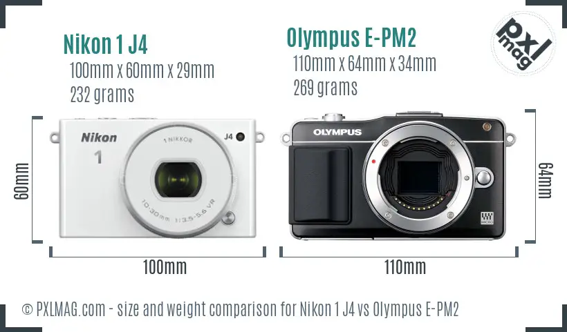 Nikon 1 J4 vs Olympus E-PM2 size comparison