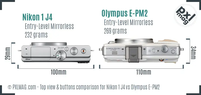 Nikon 1 J4 vs Olympus E-PM2 top view buttons comparison