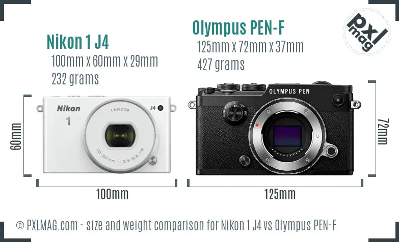 Nikon 1 J4 vs Olympus PEN-F size comparison