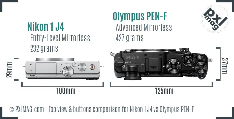 Nikon 1 J4 vs Olympus PEN-F top view buttons comparison