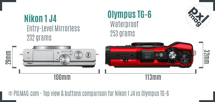 Nikon 1 J4 vs Olympus TG-6 top view buttons comparison