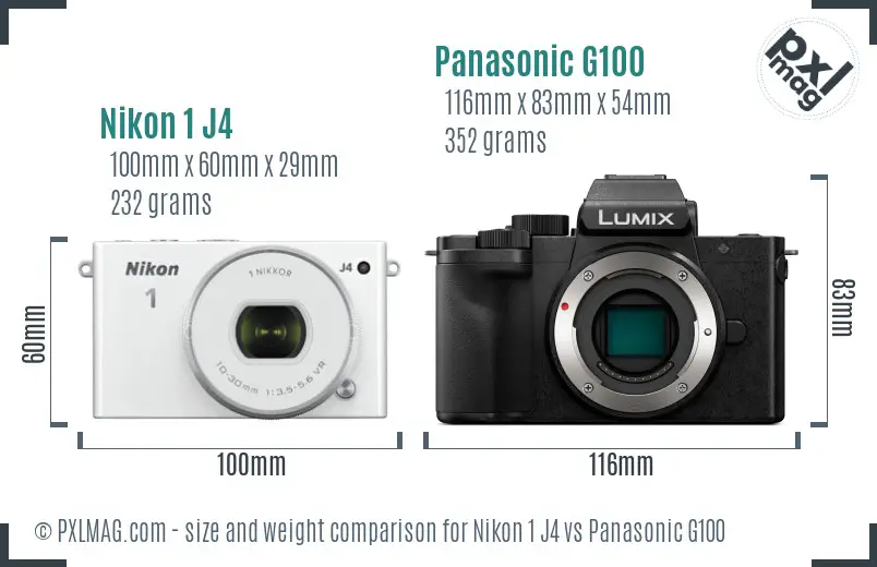 Nikon 1 J4 vs Panasonic G100 size comparison