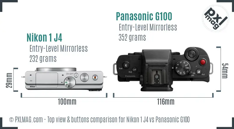 Nikon 1 J4 vs Panasonic G100 top view buttons comparison