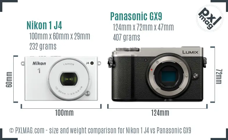 Nikon 1 J4 vs Panasonic GX9 size comparison